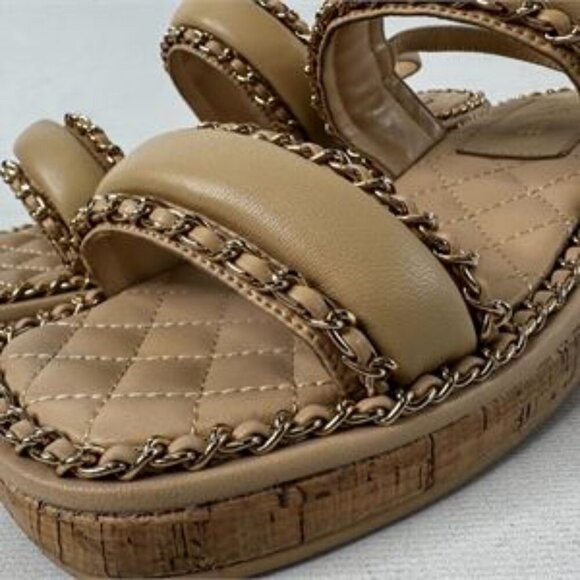 Chanel Lambskin Cork Chain Sandals | Women’s Beige Size 37C (7) - Picture 6 of 7